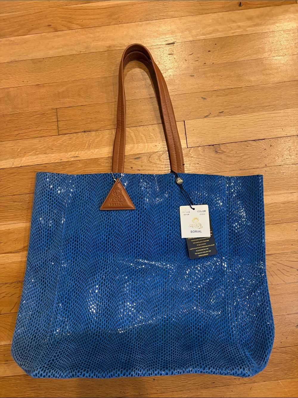 Sorial Rubina Blue Tote Bag with Brown Leather Handles